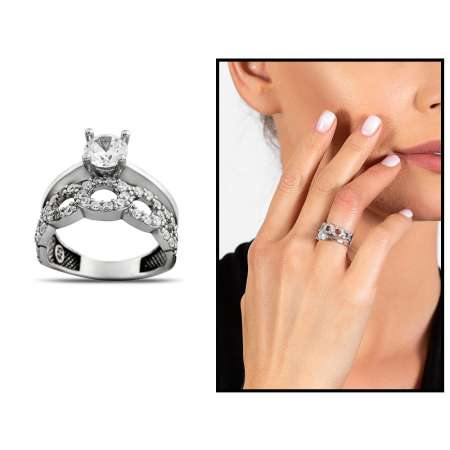 Zirkon Taşlı Zincir Tasarım 925 Ayar Gümüş Kadın Tektaş Yüzük - Tesbihane