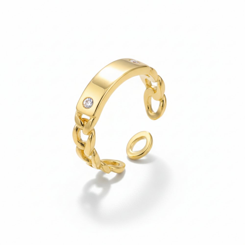 Zirkon Taşlı Zincir Tasarım Altın Renk İsme Özel Harf Yazılı 925 Ayar Gümüş Kadın Yüzük - 4