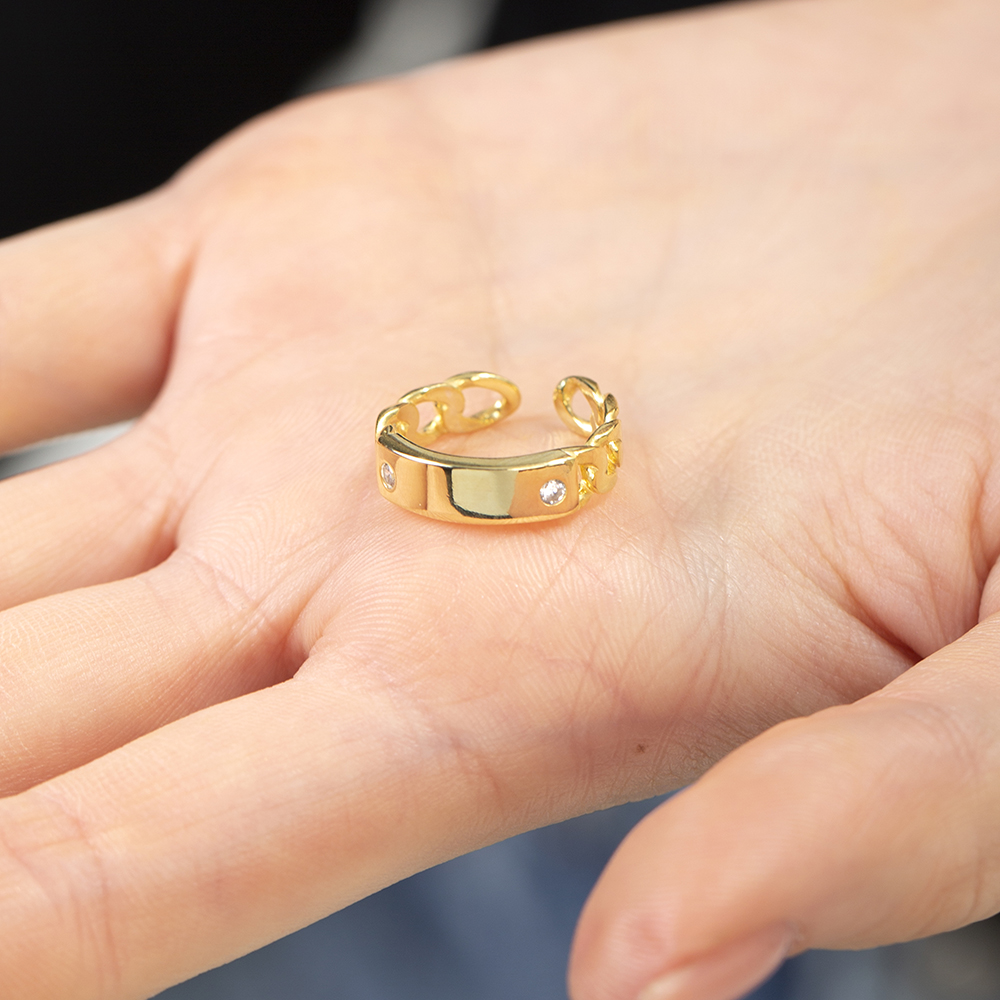 Zirkon Taşlı Zincir Tasarım Altın Renk İsme Özel Harf Yazılı 925 Ayar Gümüş Kadın Yüzük - 2