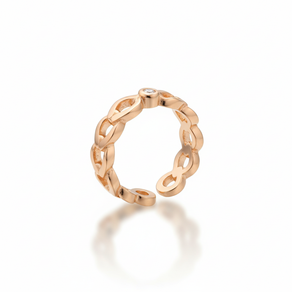 Zirkon Taşlı Zincir Tasarım Rose Renk Ayarlanabilir Ölçü 925 Ayar Gümüş Kadın Tektaş Yüzük - 4