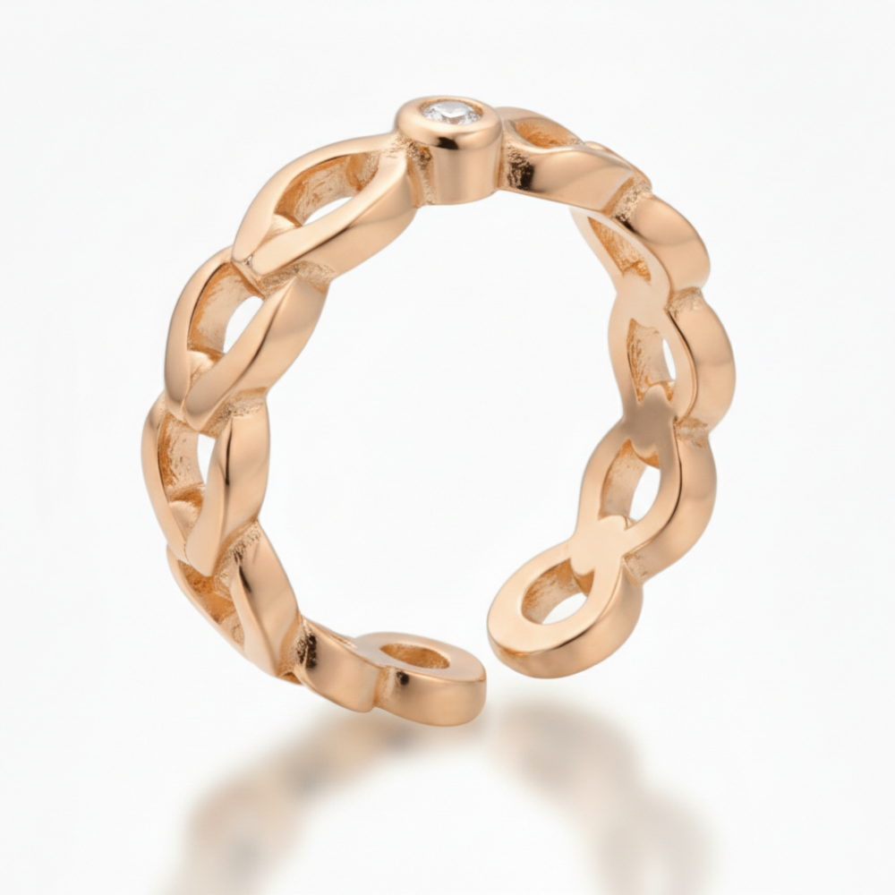 Zirkon Taşlı Zincir Tasarım Rose Renk Ayarlanabilir Ölçü 925 Ayar Gümüş Kadın Tektaş Yüzük - 4