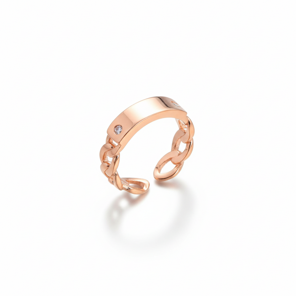 Zirkon Taşlı Zincir Tasarım Rose Renk Ölçü Ayarlı İsme Özel Harf Yazılı 925 Ayar Gümüş Kadın Yüzük - 4