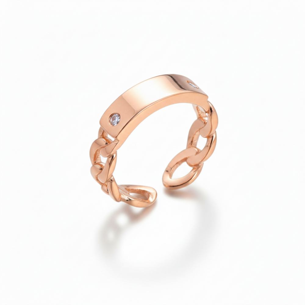 Zirkon Taşlı Zincir Tasarım Rose Renk İsme Özel Harf Yazılı 925 Ayar Gümüş Kadın Yüzük - 4