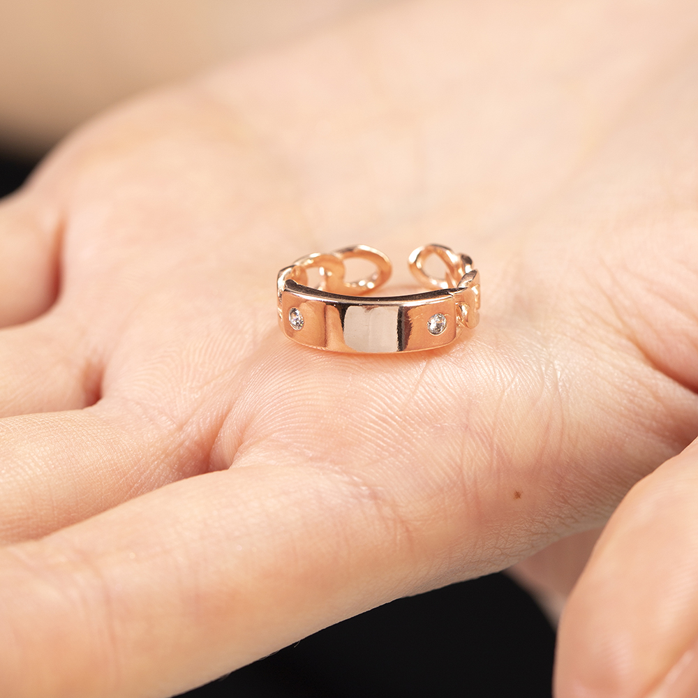 Zirkon Taşlı Zincir Tasarım Rose Renk Ölçü Ayarlı İsme Özel Harf Yazılı 925 Ayar Gümüş Kadın Yüzük - 2