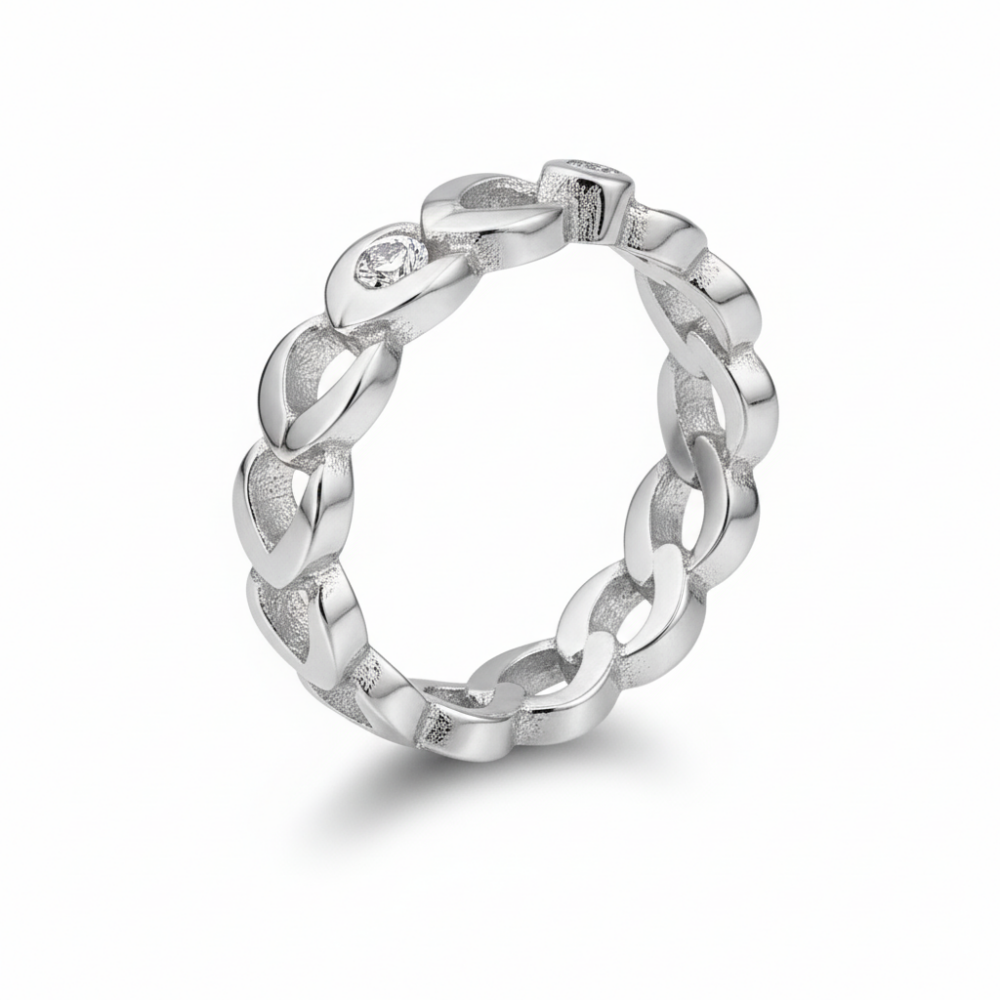 Zirkon Taşlı Zincir Tasarım Gümüş Renk Ayarlanabilir Ölçü 925 Ayar Gümüş Kadın Tektaş Yüzük - 4