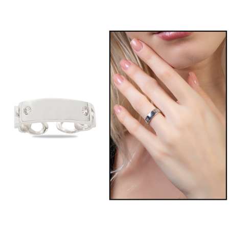 Zirkon Taşlı Zincir Tasarım Gümüş Renk Ölçü Ayarlı İsme Özel Harf Yazılı 925 Ayar Gümüş Kadın Yüzük - Tesbihane