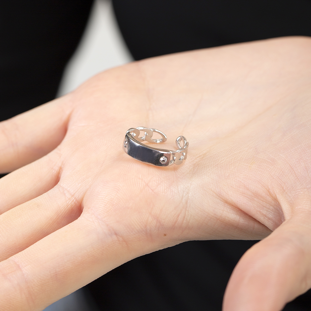 Zirkon Taşlı Zincir Tasarım Gümüş Renk İsme Özel Harf Yazılı 925 Ayar Gümüş Kadın Yüzük - 4