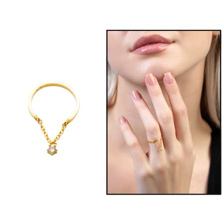 Zirkon Taşlı Zincirli Altın Renk Ayarlanabilir Ölçü 925 Ayar Gümüş Kadın Tektaş Yüzük - Tesbihane