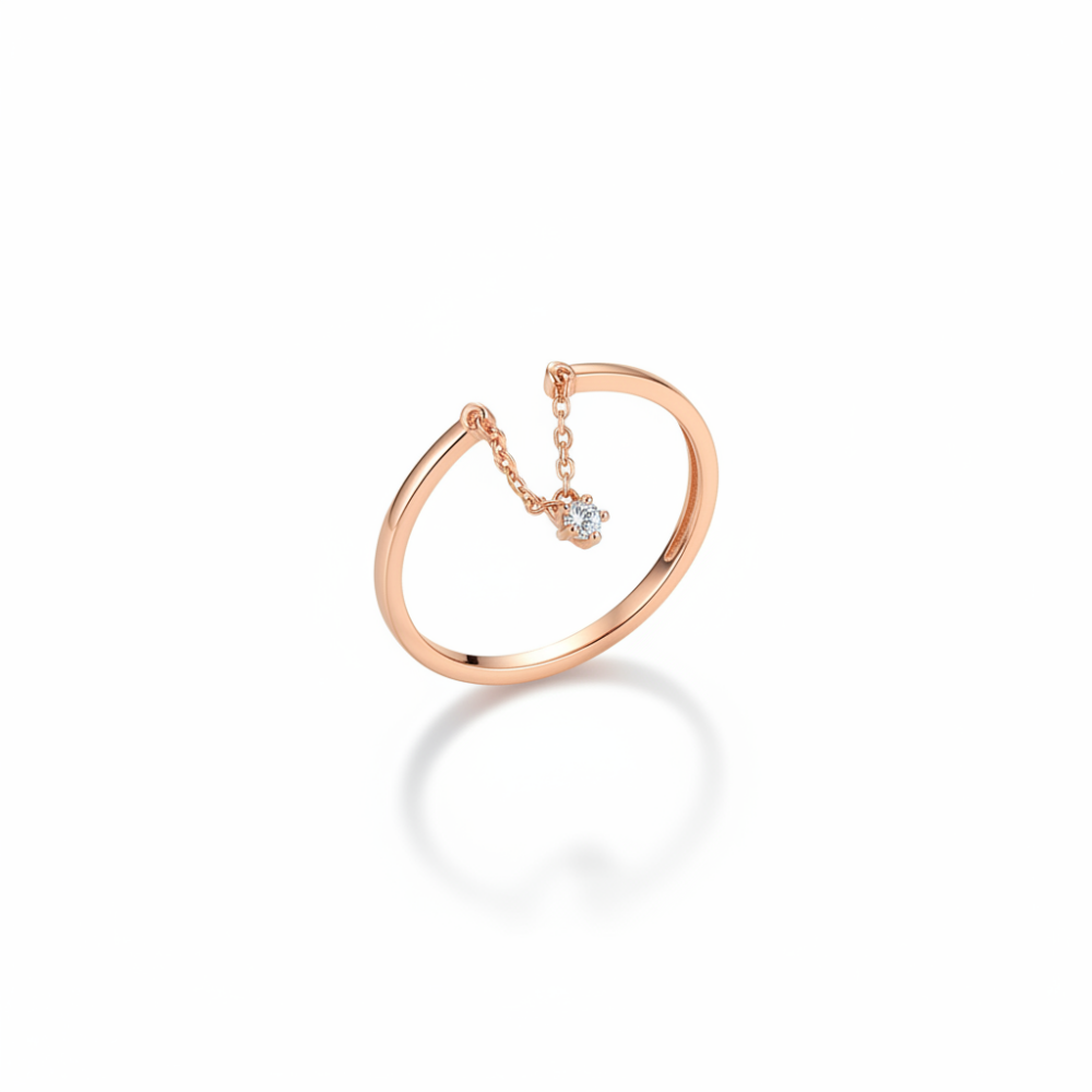 Zirkon Taşlı Zincirli Rose Renk Ayarlanabilir Ölçü 925 Ayar Gümüş Kadın Tektaş Yüzük - 4