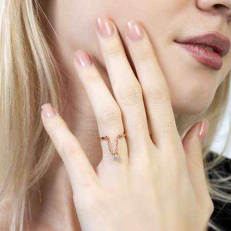 Zirkon Taşlı Zincirli Rose Renk Ayarlanabilir Ölçü 925 Ayar Gümüş Kadın Tektaş Yüzük - Tesbihane