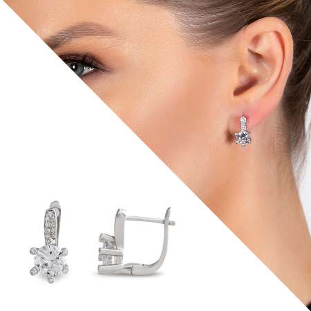 Zirkon Tek Taşlı Oval Tasarım Büyük Boy 925 Ayar Gümüş Kadın Küpe - Tesbihane