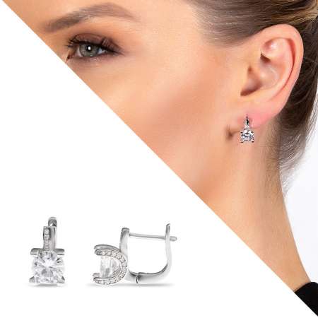 Zirkon Tek Taşlı U Tasarım 925 Ayar Gümüş Kadın Küpe - Tesbihane