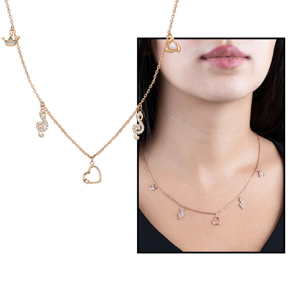 Zirkon Tektaş Kalp Sol Taç Kombinli Rose Renk 925 Ayar Gümüş Şans Kolyesi - 1