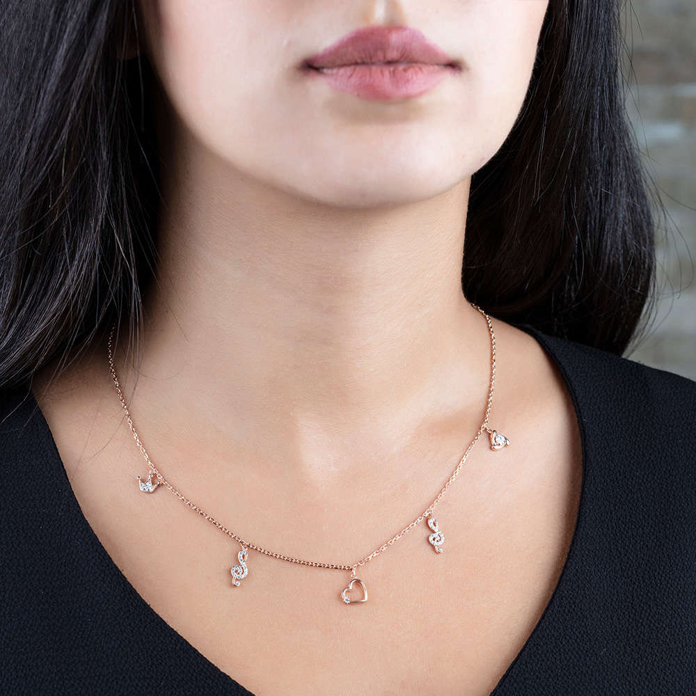 Zirkon Tektaş Kalp Sol Taç Kombinli Rose Renk 925 Ayar Gümüş Şans Kolyesi - 2