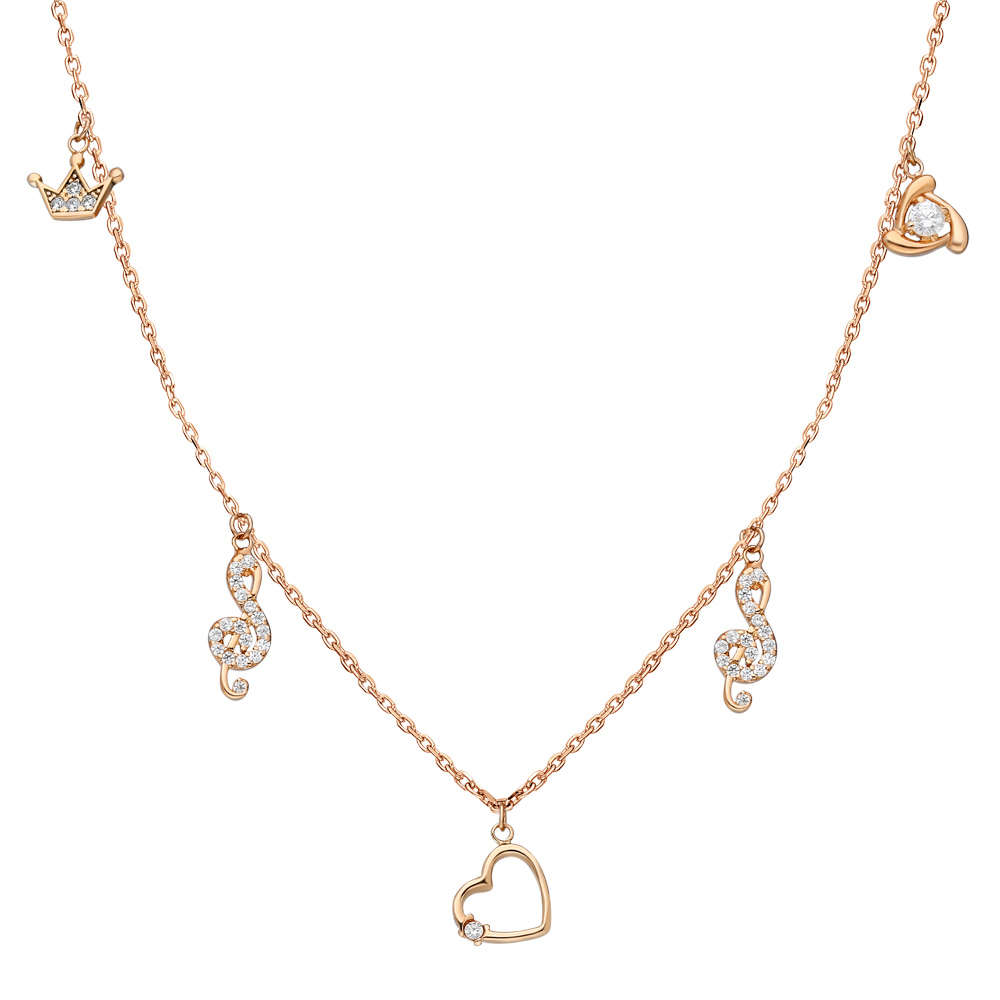 Zirkon Tektaş Kalp Sol Taç Kombinli Rose Renk 925 Ayar Gümüş Şans Kolyesi - 3