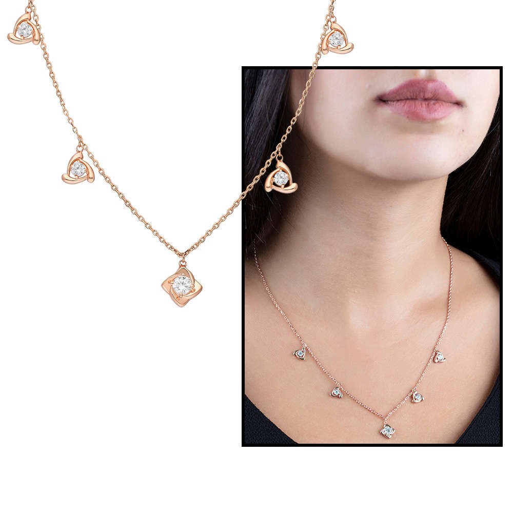 Zirkon Tektaş Rüzgar Gülü Kombinli Rose Renk 925 Ayar Gümüş Şans Kolyesi - 1