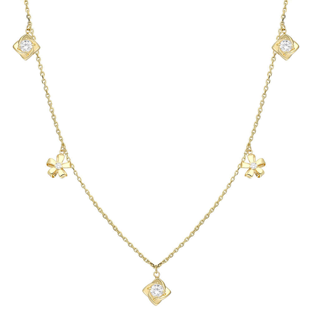 Zirkon Tektaş-Yasemen Çiçeği Kombinli Gold Renk 925 Ayar Gümüş Şans Kolyesi - 3