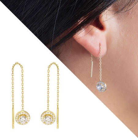 Zirkon Tektaşlı Altın Renk 925 Ayar Gümüş Sallantılı Küpe - Tesbihane