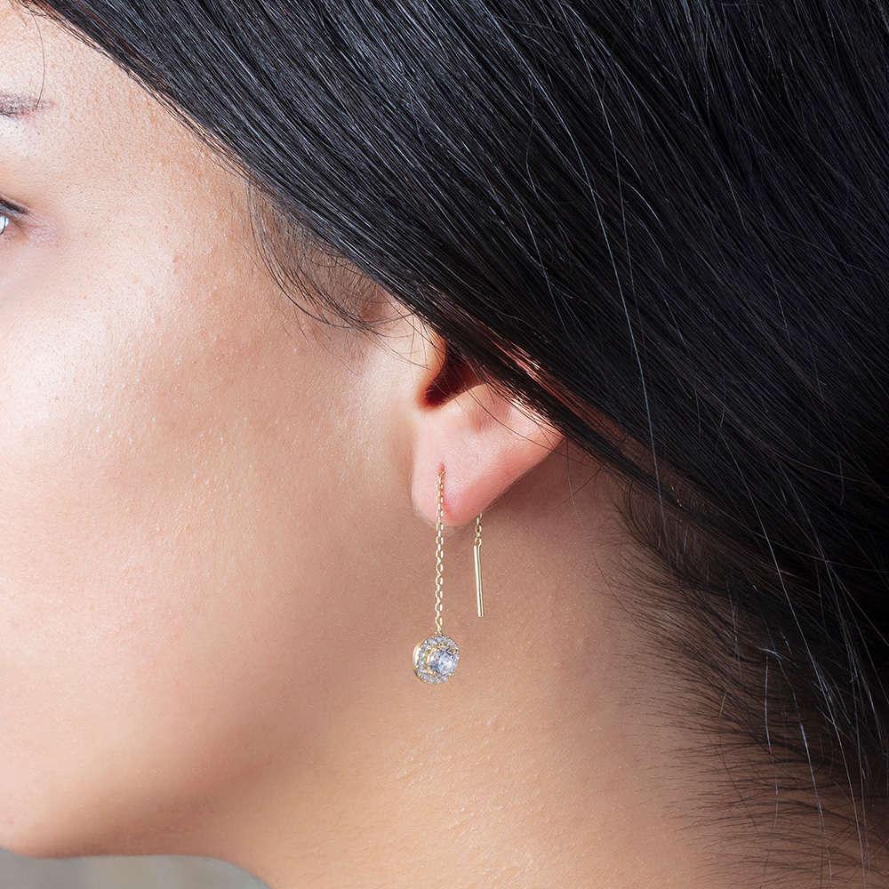 Zirkon Tektaşlı Altın Renk 925 Ayar Gümüş Sallantılı Küpe - 2