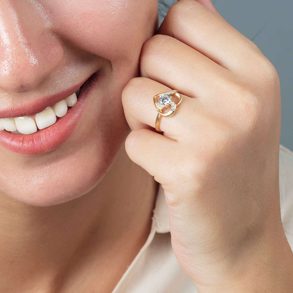 Zirkon Tektaşlı Kalp Tasarım Altın Renk 925 Ayar Gümüş Bayan Yüzük - 3