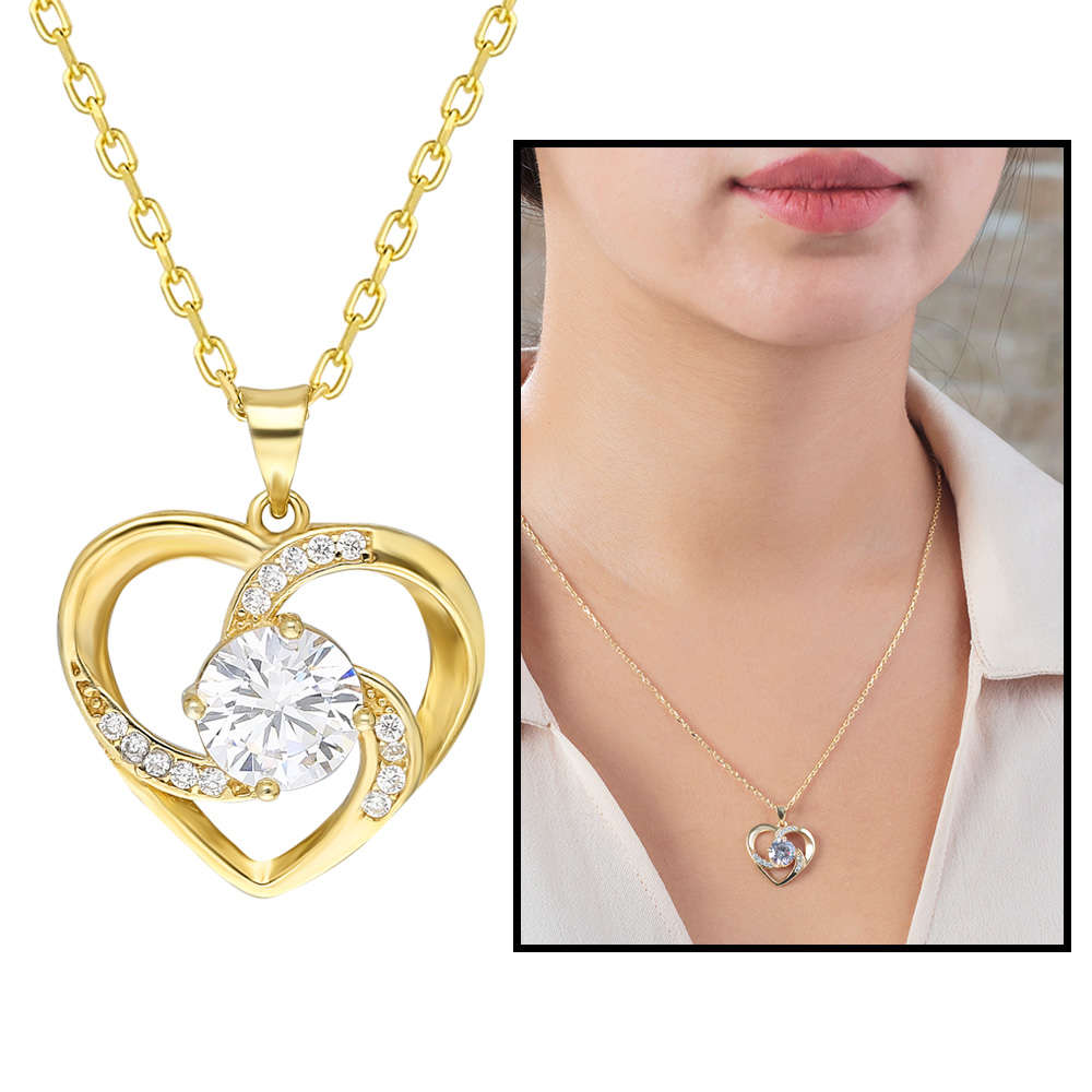 Zirkon Tektaşlı Kalp Tasarım Gold Renk 925 Ayar Gümüş Kolye - 2