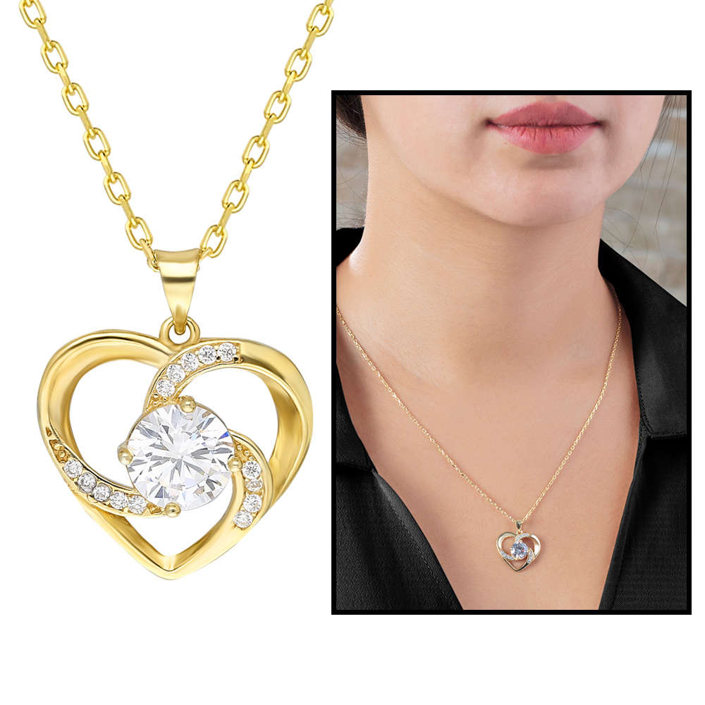 Zirkon Tektaşlı Kalp Tasarım Gold Renk 925 Ayar Gümüş Kolye - 1