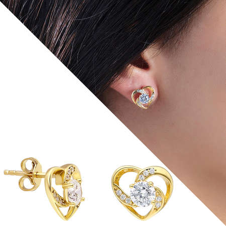 Zirkon Tektaşlı Kalp Tasarım Altın Renk 925 Ayar Gümüş Küpe - Tesbihane