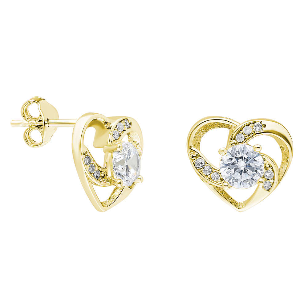 Zirkon Tektaşlı Kalp Tasarım Altın Renk 925 Ayar Gümüş Küpe - 2