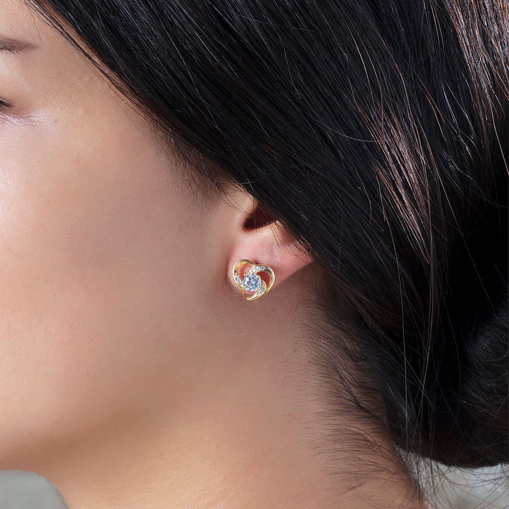 Zirkon Tektaşlı Kalp Tasarım Altın Renk 925 Ayar Gümüş Küpe - 3