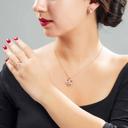 Zirkon Tektaşlı Kalp Tasarım Rose Renk 925 Ayar Gümüş 3'lü Takı Seti - Tesbihane