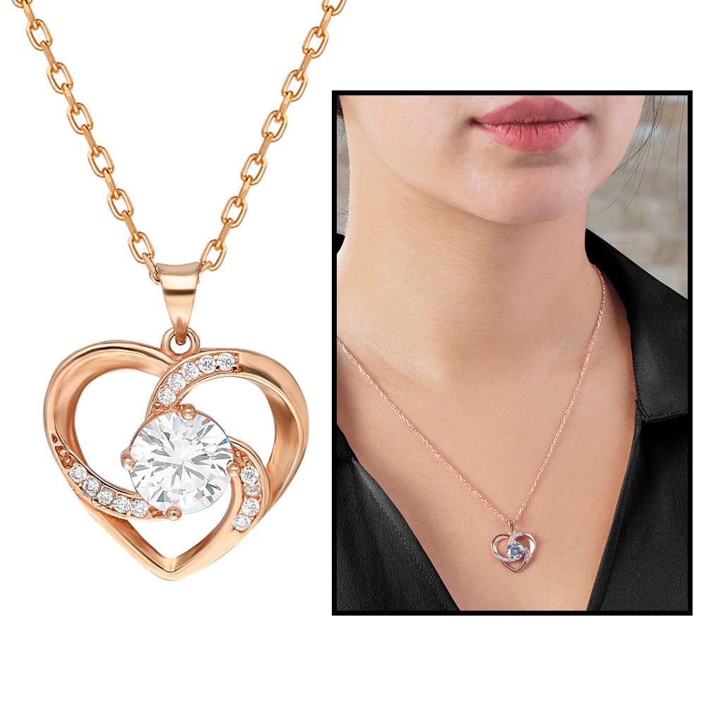 Zirkon Tektaşlı Kalp Tasarım Rose Renk 925 Ayar Gümüş Kolye - 1
