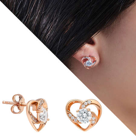 Zirkon Tektaşlı Kalp Tasarım Rose Renk 925 Ayar Gümüş Küpe - Tesbihane