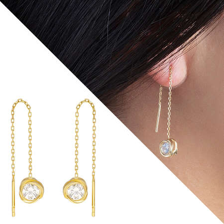 Zirkon Tektaşlı Özel Tasarım Altın Renk 925 Ayar Gümüş Sallantılı Küpe - Tesbihane