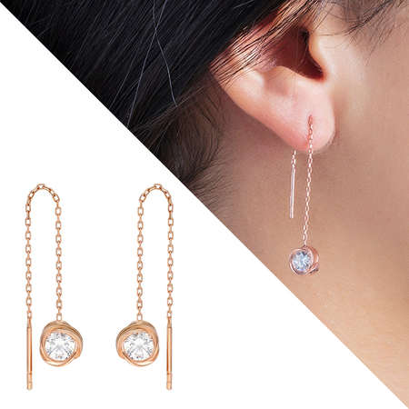 Zirkon Tektaşlı Özel Tasarım Rose Renk 925 Ayar Gümüş Sallantılı Küpe - Tesbihane