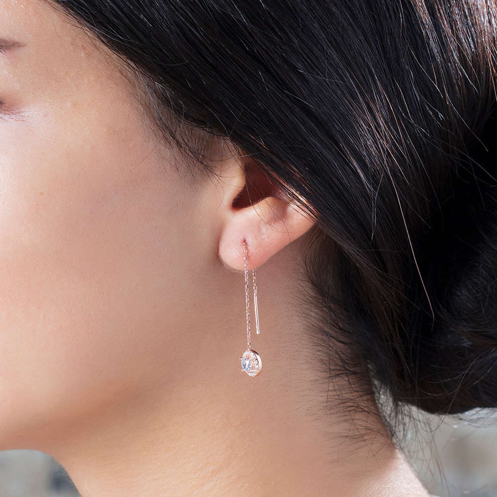 Zirkon Tektaşlı Rose Renk 925 Ayar Gümüş Sallantılı Küpe - 2