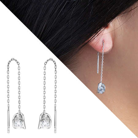 Zirkon Tektaşlı Sandviç Tasarım 925 Ayar Gümüş Sallantılı Küpe - Tesbihane