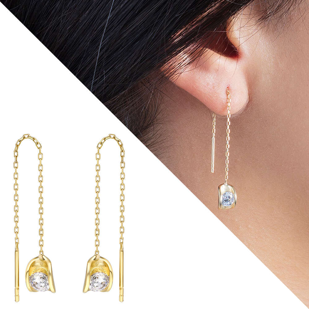 Zirkon Tektaşlı Sandviç Tasarım Altın Renk 925 Ayar Gümüş Sallantılı Küpe - 1