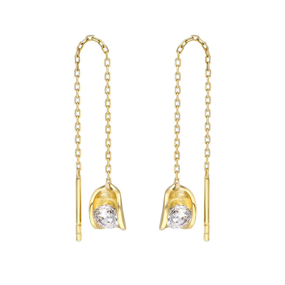 Zirkon Tektaşlı Sandviç Tasarım Altın Renk 925 Ayar Gümüş Sallantılı Küpe - 3