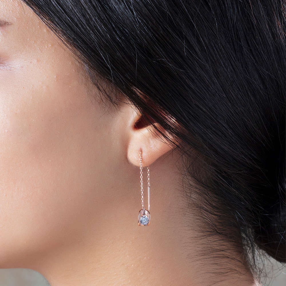 Zirkon Tektaşlı Sandviç Tasarım Rose Renk 925 Ayar Gümüş Sallantılı Küpe - 2