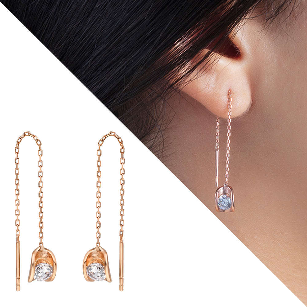 Zirkon Tektaşlı Sandviç Tasarım Rose Renk 925 Ayar Gümüş Sallantılı Küpe - 1