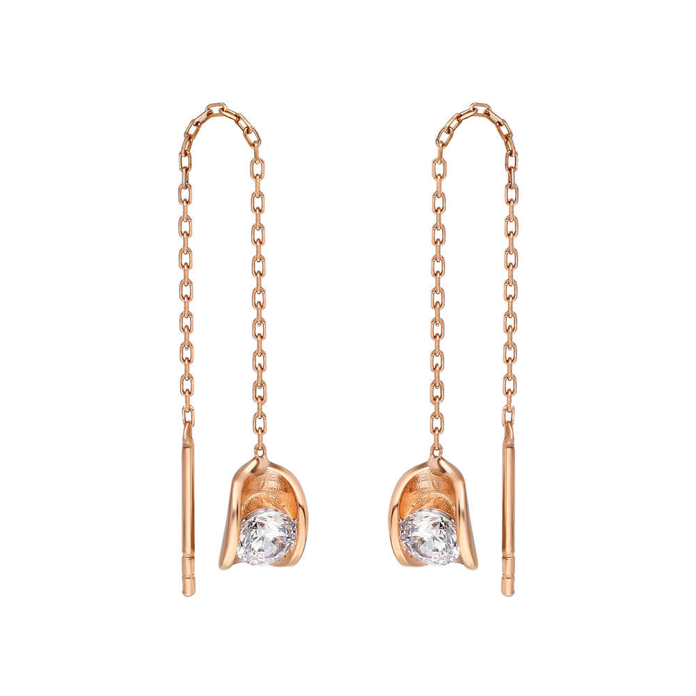 Zirkon Tektaşlı Sandviç Tasarım Rose Renk 925 Ayar Gümüş Sallantılı Küpe - 3