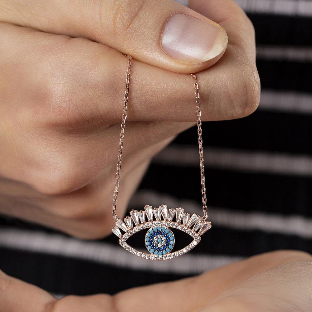 Zirkon Turkuaz Taşlı Rose Renk 925 Ayar Gümüş Göz Kolye - 5