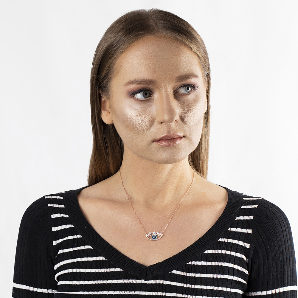 Zirkon Turkuaz Taşlı Rose Renk 925 Ayar Gümüş Göz Kolye - 2