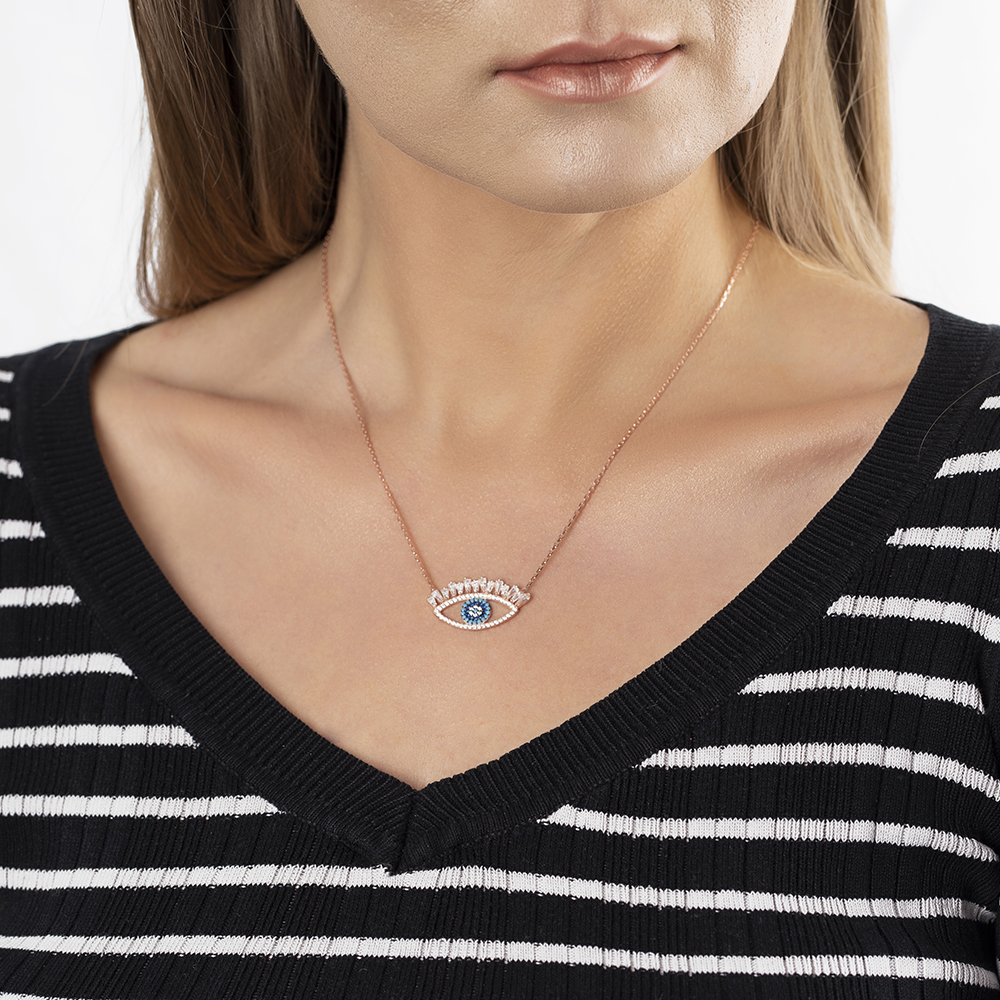 Zirkon Turkuaz Taşlı Rose Renk 925 Ayar Gümüş Göz Kolye - 4