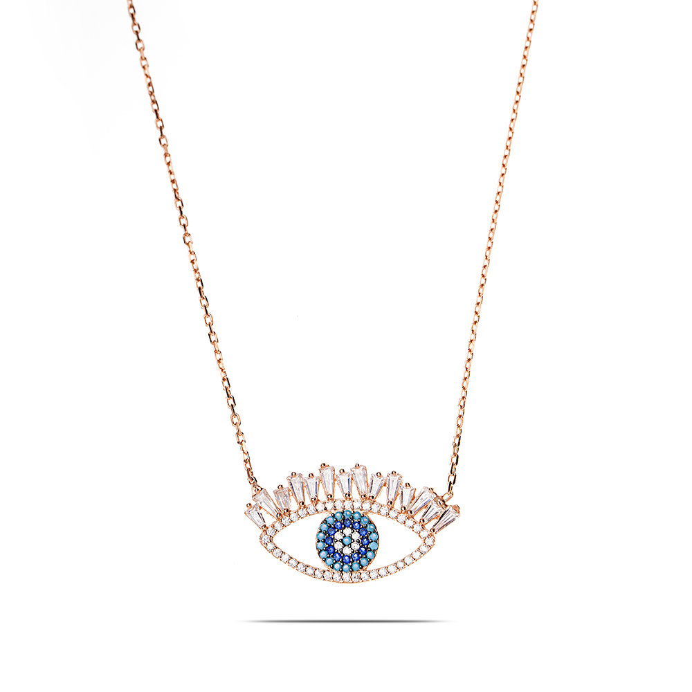 Zirkon Turkuaz Taşlı Rose Renk 925 Ayar Gümüş Göz Kolye - 3