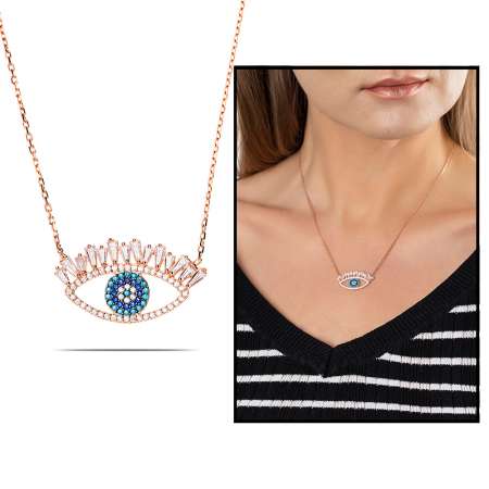 Zirkon Turkuaz Taşlı Rose Renk 925 Ayar Gümüş Göz Kolye - Tesbihane