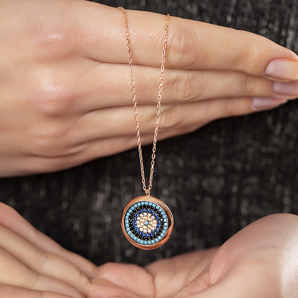 Zirkon Turkuaz Taşlı Rose Renk 925 Ayar Gümüş Nazar Boncuğu Kolye - 4