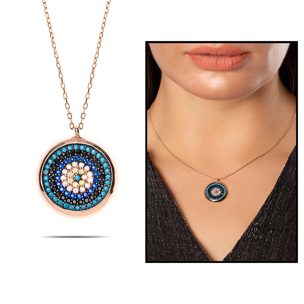 Zirkon Turkuaz Taşlı Rose Renk 925 Ayar Gümüş Nazar Boncuğu Kolye - 1