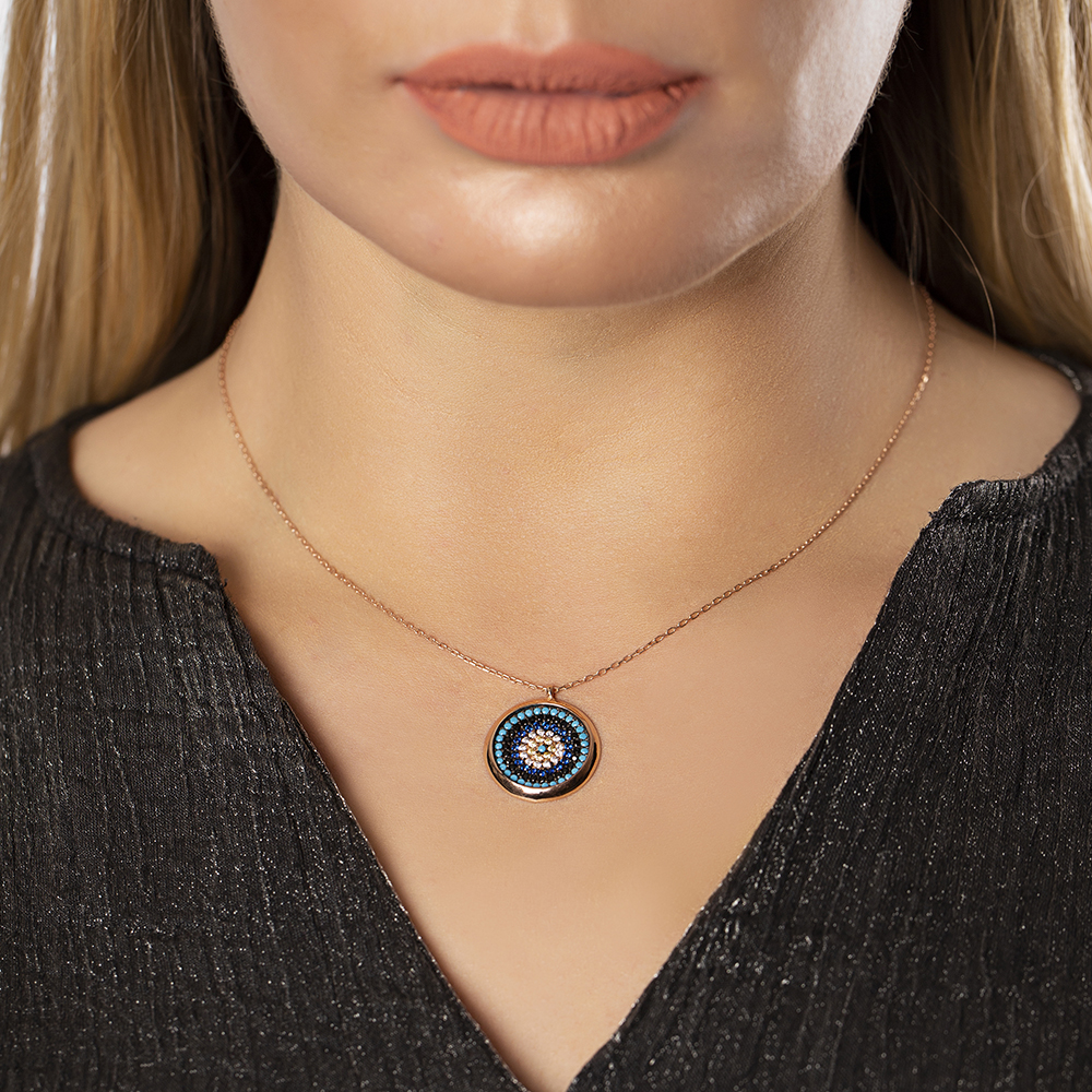 Zirkon Turkuaz Taşlı Rose Renk 925 Ayar Gümüş Nazar Boncuğu Kolye - 3