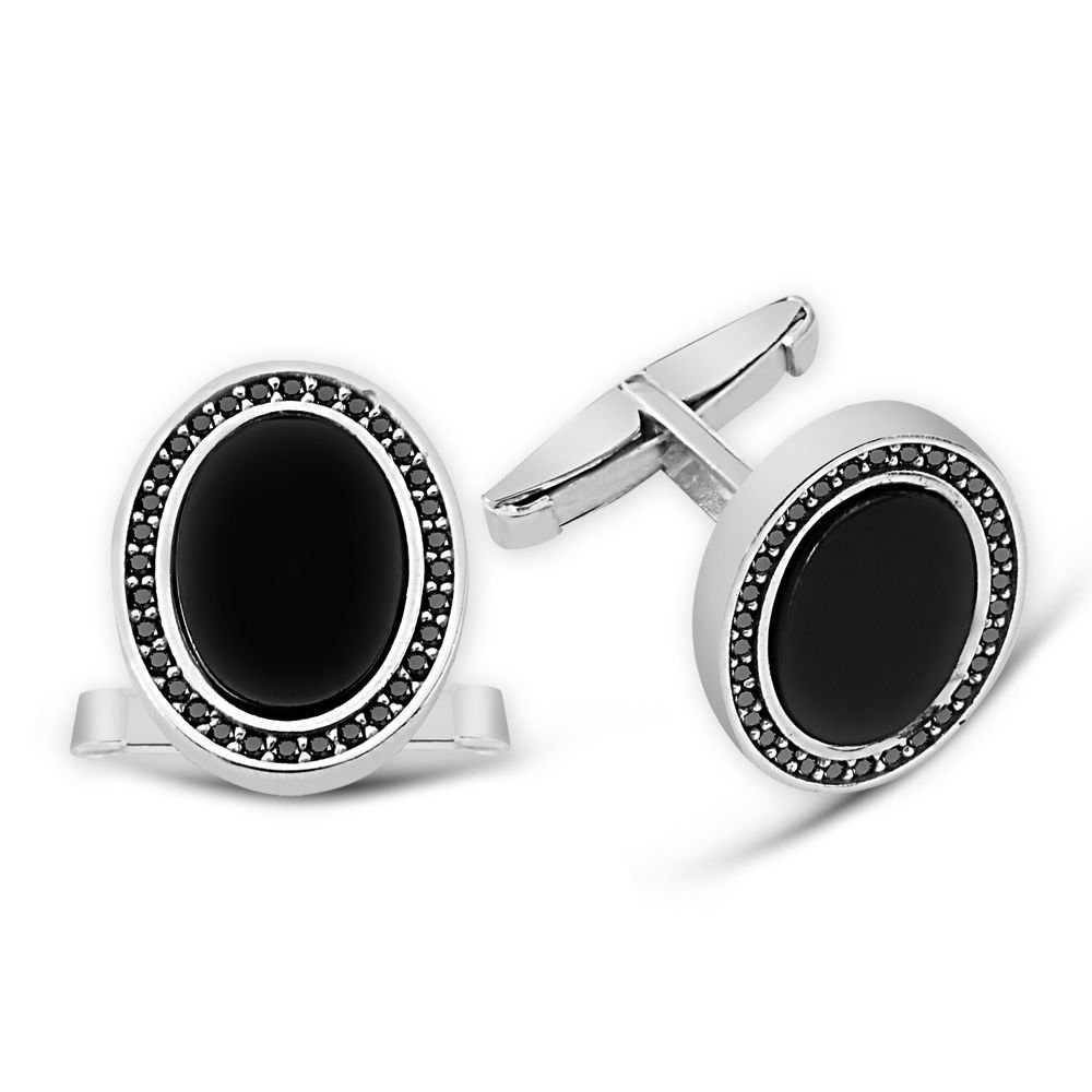 Zirkon ve Oniks Taşlı Oval Tasarım 925 Ayar Gümüş Kol Düğmesi - 1